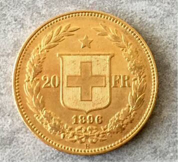 Швейцарская золотая монета 20 франков 1896 г