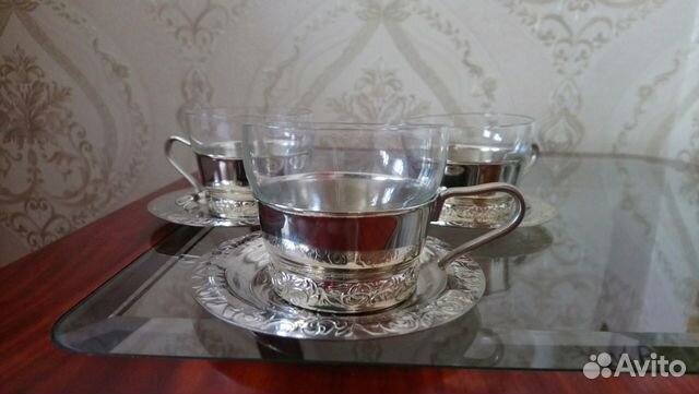 Мельхиоровые подстаканники со стаканчиком и блюдце
