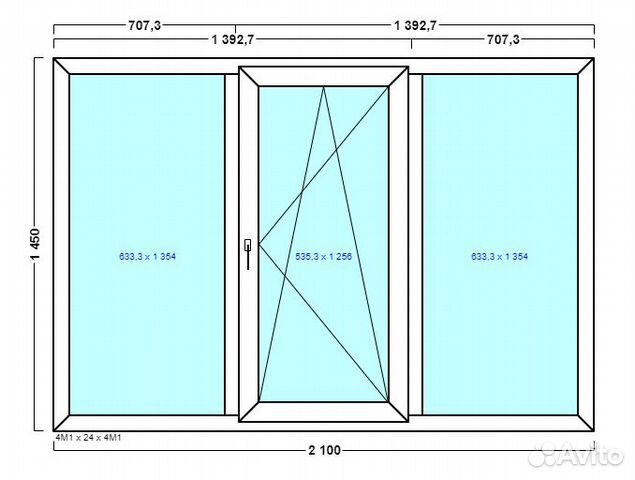 Пластиковое окно 3х створчатое 2100х1450