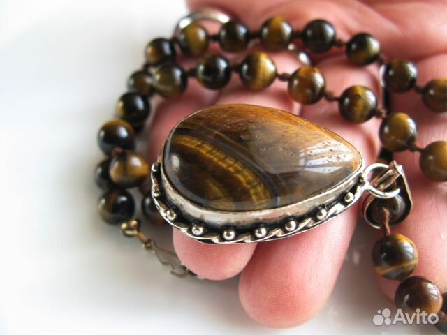 Большой Кулон Серебро и Старинные Бусы Глаз Тигра
