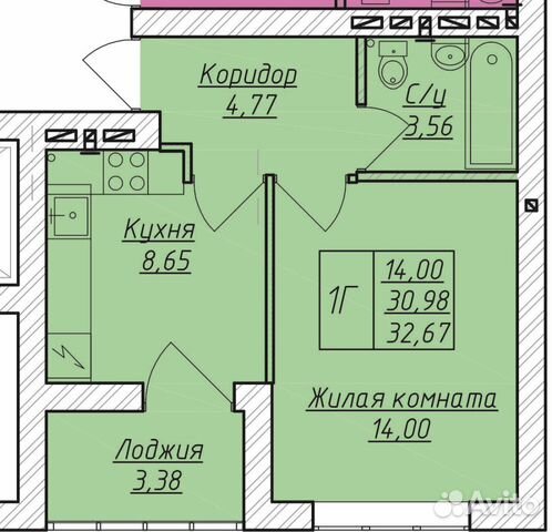 1-к квартира, 32.7 м², 7/9 эт.