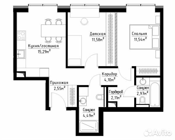 2-к квартира, 54.3 м², 2/33 эт. 2-к квартира, 54.3 м², 2/33 эт.
