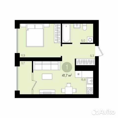 1-к квартира, 41.7 м², 11/16 эт.