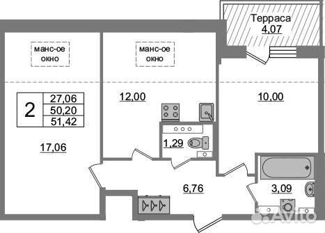2-к квартира, 51.4 м², 5/5 эт. 2-к квартира, 51.4 м², 5/5 эт.