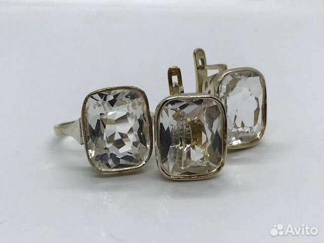 Серебро875 горный хрусталь, серьги кольцо