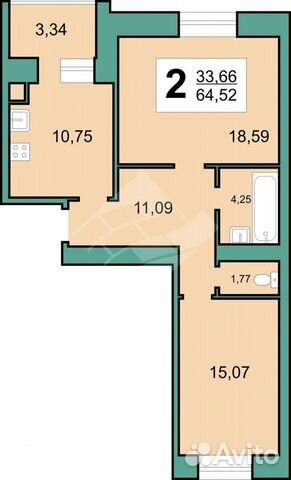 2-к квартира, 64.5 м², 6/10 эт.
