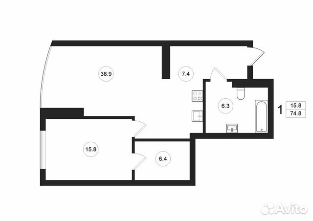 1-к квартира, 69.4 м², 6/8 эт.