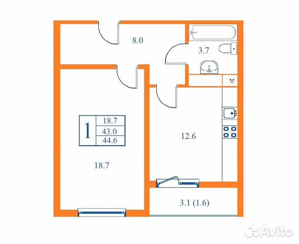 1-к квартира, 44.6 м², 12/17 эт. 1-к квартира, 44.6 м², 12/17 эт.