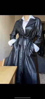 Кожаный чёрный плащ/тренч
