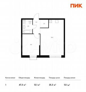 1-к квартира, 47.3 м², 23/26 эт.