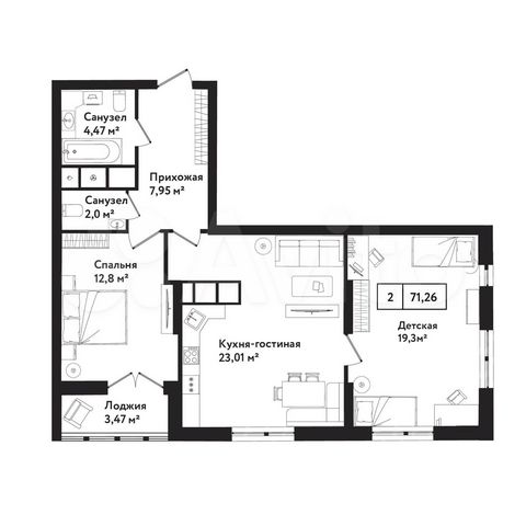 2-к. квартира, 71,3 м², 7/25 эт.