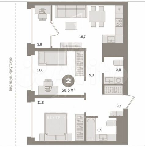 2-к. квартира, 59,7 м², 2/17 эт.