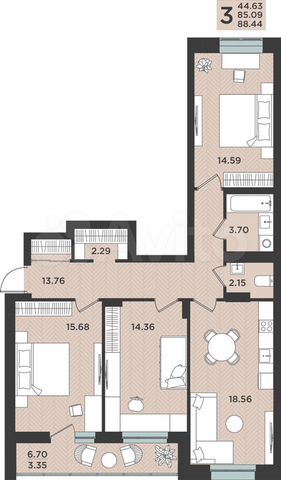 3-к. квартира, 88,4 м², 4/14 эт.