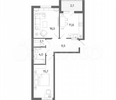 2-к. квартира, 61,5 м², 3/5 эт.