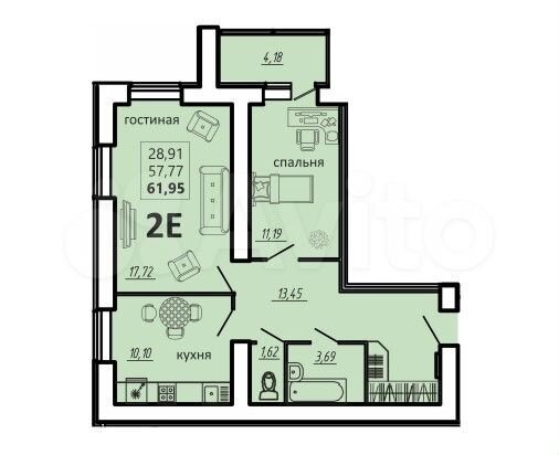 2-к. квартира, 62 м², 12/15 эт.