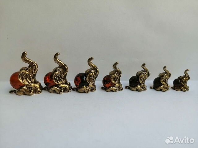 Набор слонов бронза с янтарем