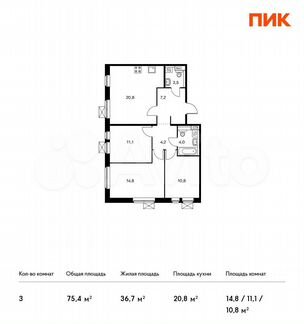 3-к квартира, 75.4 м², 2/9 эт.