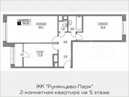 2-к квартира, 64.5 м², 5/22 эт.