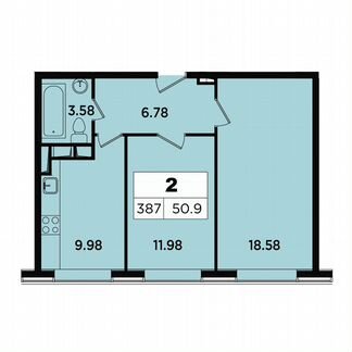 2-к апартаменты, 50.9 м², 17/18 эт.