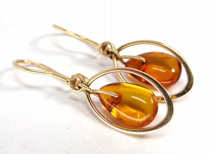 Золотые серьги с янтарными подвесками 585 пр, СССР