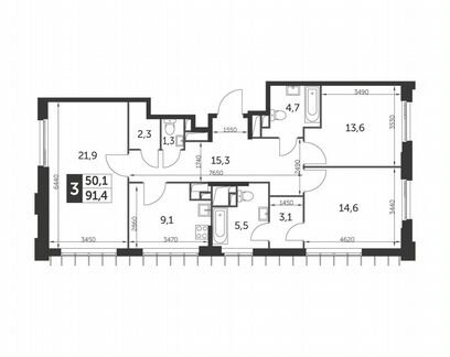 3-к квартира, 91.4 м², 25/26 эт.